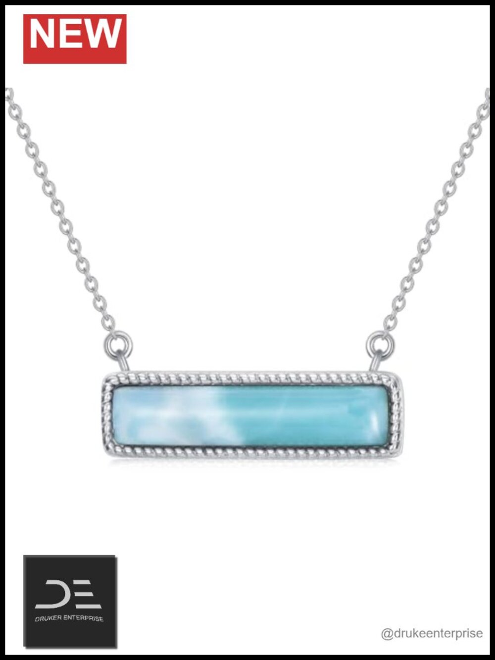 925 Sterling Silver Larimar Turquoise Bar Pendant Necklace Minimalist Dainty